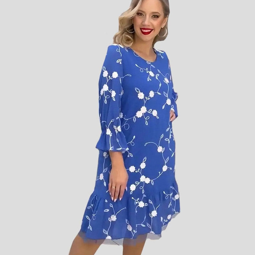 Najaarsjurk Dames Bloemenprint Midi 3/4 Mouw Ruches