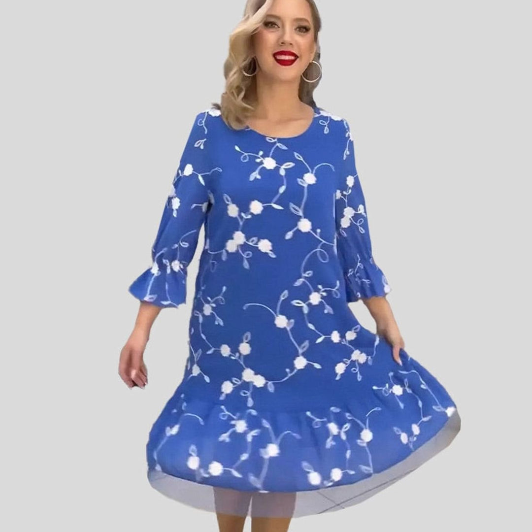 Najaarsjurk Dames Bloemenprint Midi 3/4 Mouw Ruches