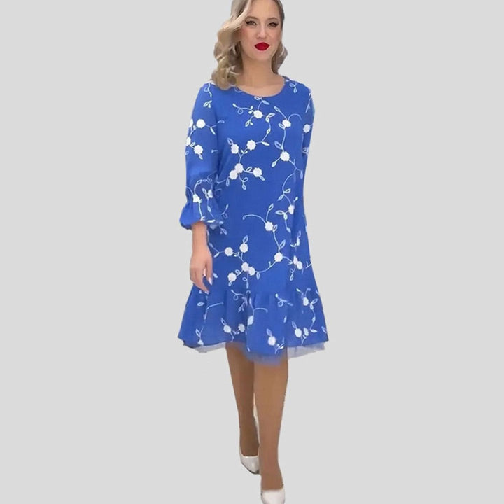 Najaarsjurk Dames Bloemenprint Midi 3/4 Mouw Ruches - Blauw