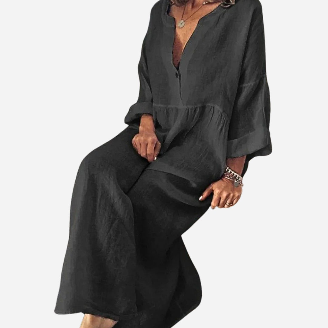 Najaarsjurk Dames Casual Elegante Maxi V-hals Linnen Look - Zwart