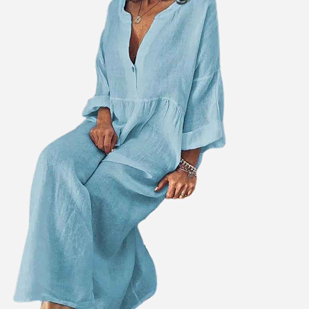 Najaarsjurk Dames Casual Elegante Maxi V-hals Linnen Look - Blauw