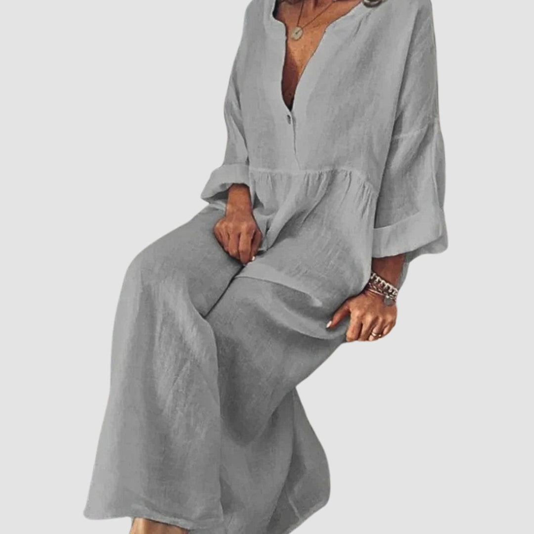 Najaarsjurk Dames Casual Elegante Maxi V-hals Linnen Look - Grijs