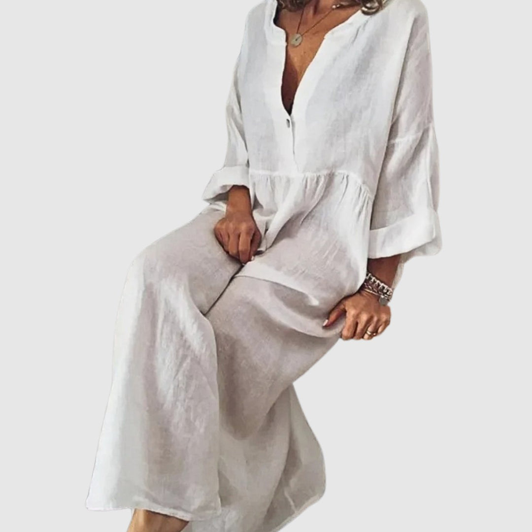 Najaarsjurk Dames Casual Elegante Maxi V-hals Linnen Look - Wit