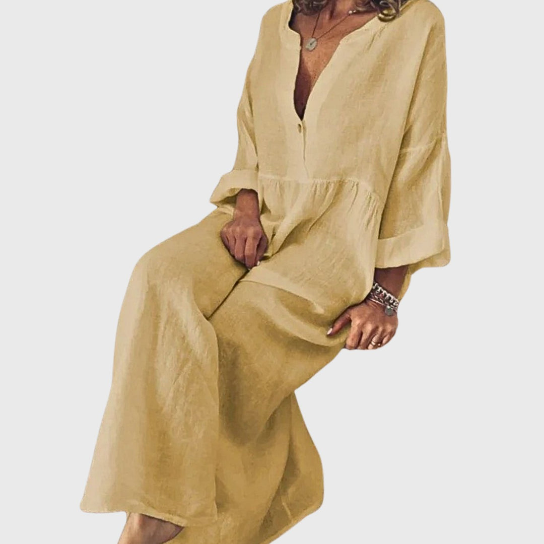 Najaarsjurk Dames Casual Elegante Maxi V-hals Linnen Look - Geel