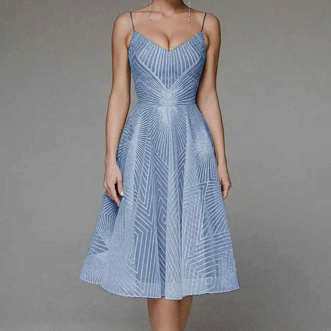Najaarsjurk Dames Elegante A-lijn Midi Cocktailjurk Spaghettibandjes - Blauw