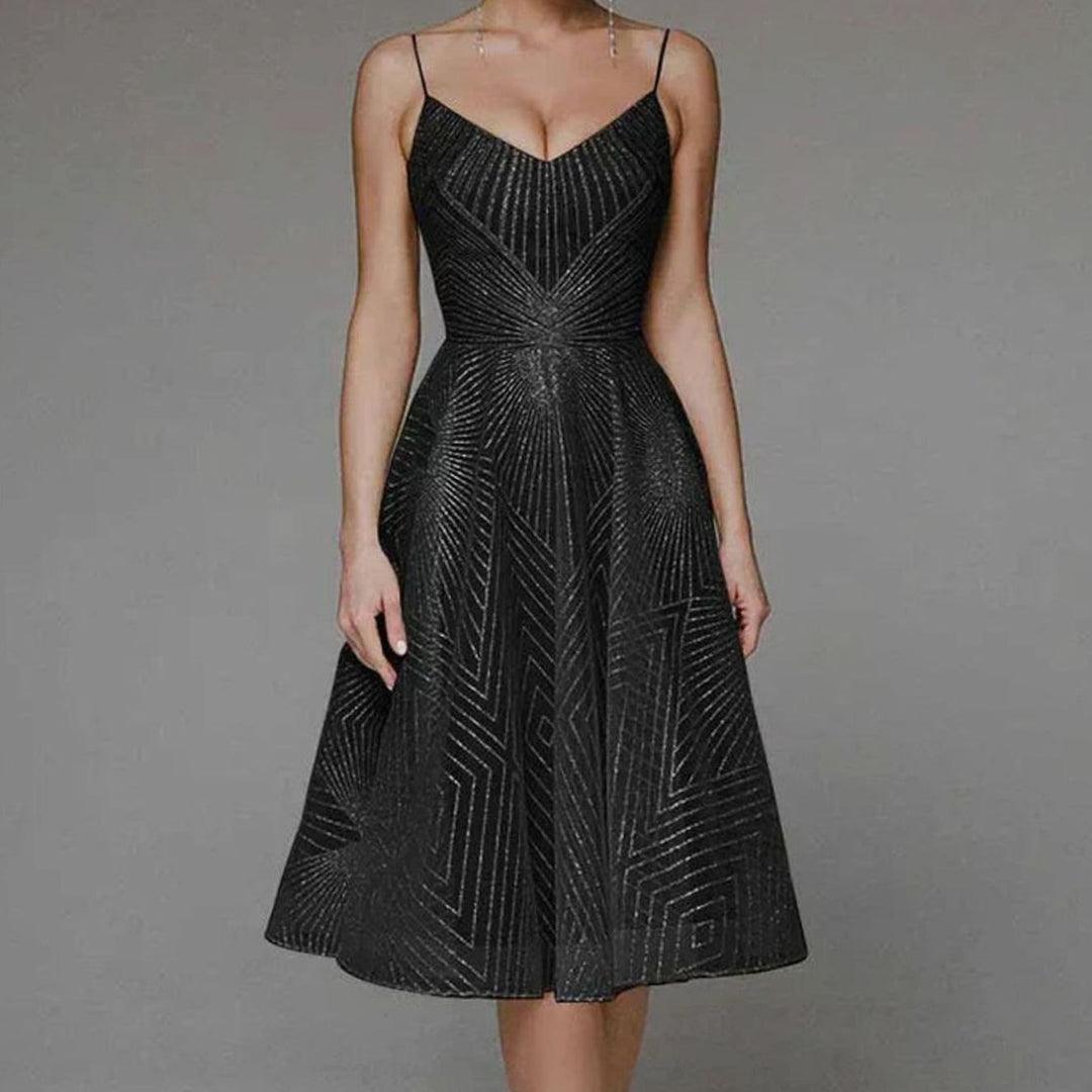 Najaarsjurk Dames Elegante A-lijn Midi Cocktailjurk Spaghettibandjes - Zwart