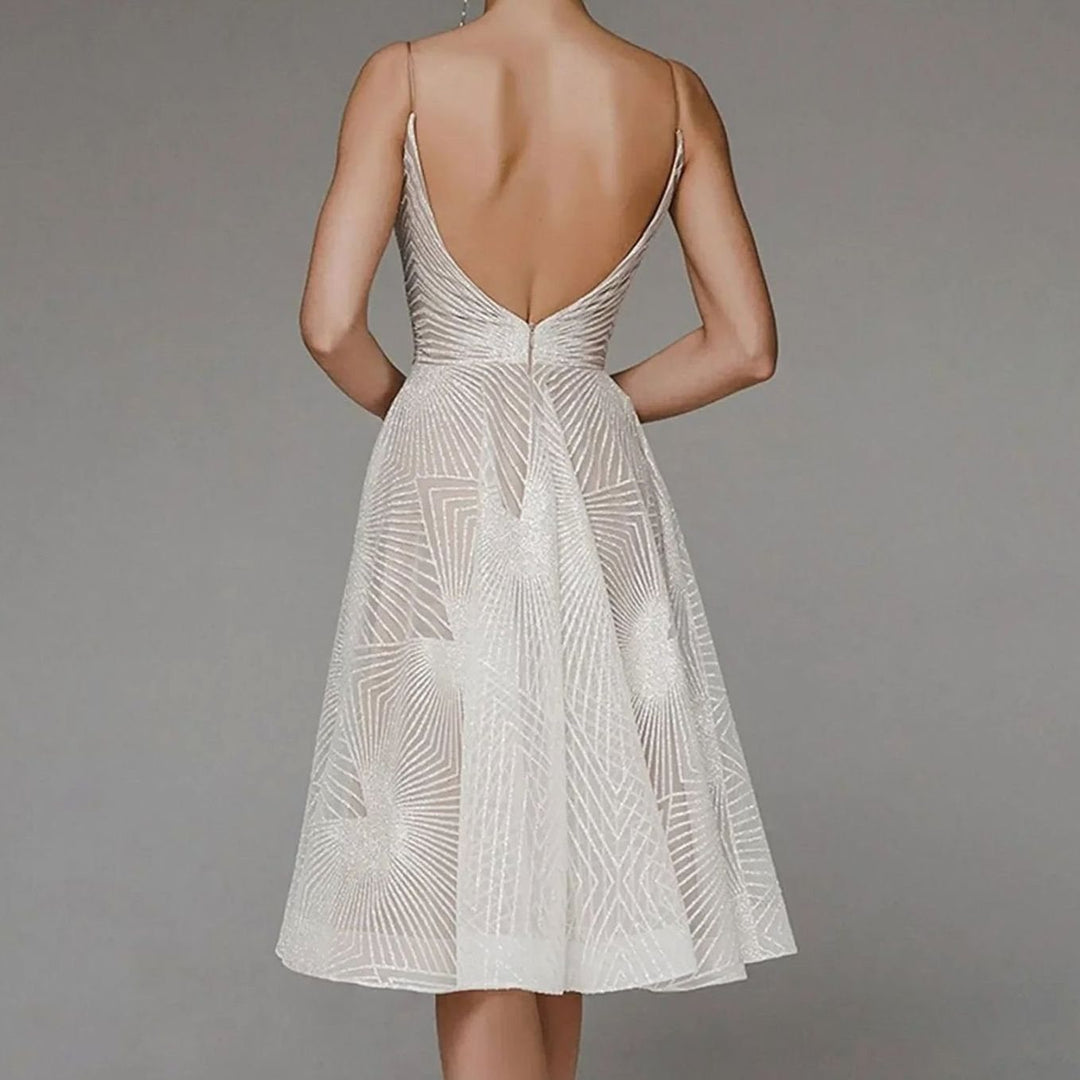 Najaarsjurk Dames Elegante A-lijn Midi Cocktailjurk Spaghettibandjes - Wit