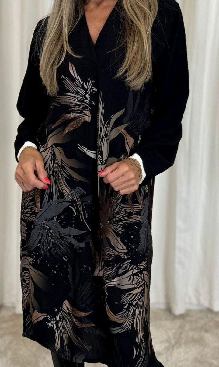 Najaarsjurk Dames Midi Bloemenprint Lange Mouwen - Zwart