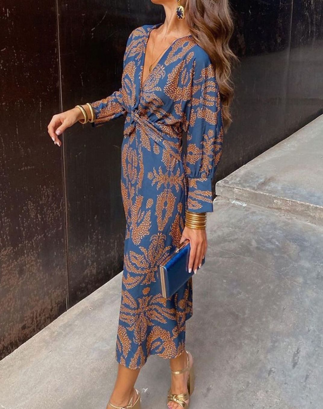 Najaarsjurk Dames V-hals Wikkel Midi Lange Mouwen Paisley Print - Blauw