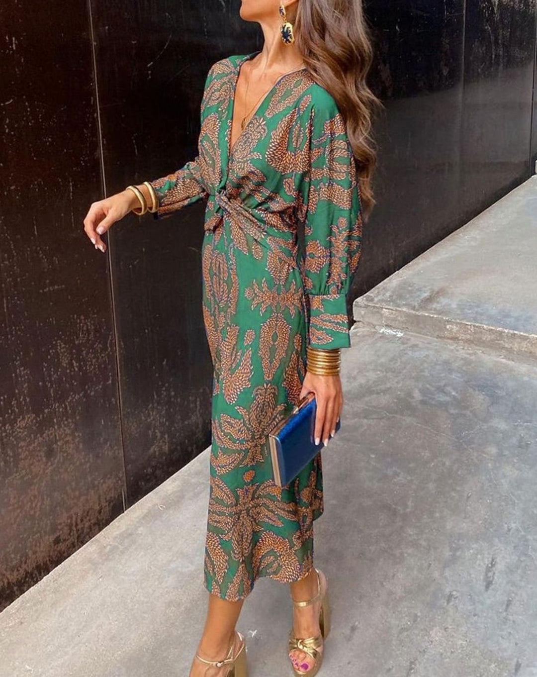Najaarsjurk Dames V-hals Wikkel Midi Lange Mouwen Paisley Print