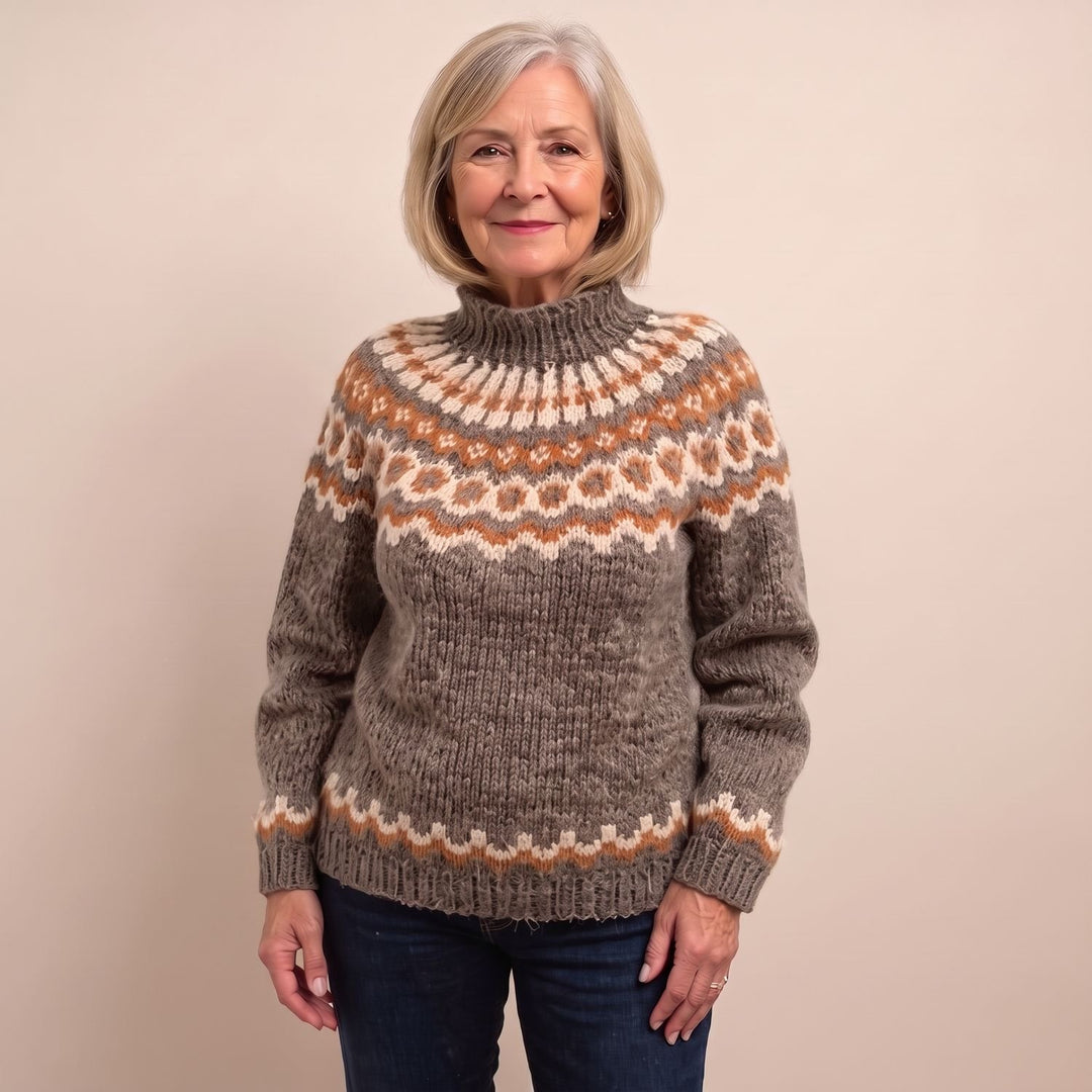 Noorse Trui Dames Grofgebreide Coltrui Fairisle Patroon - Khaki