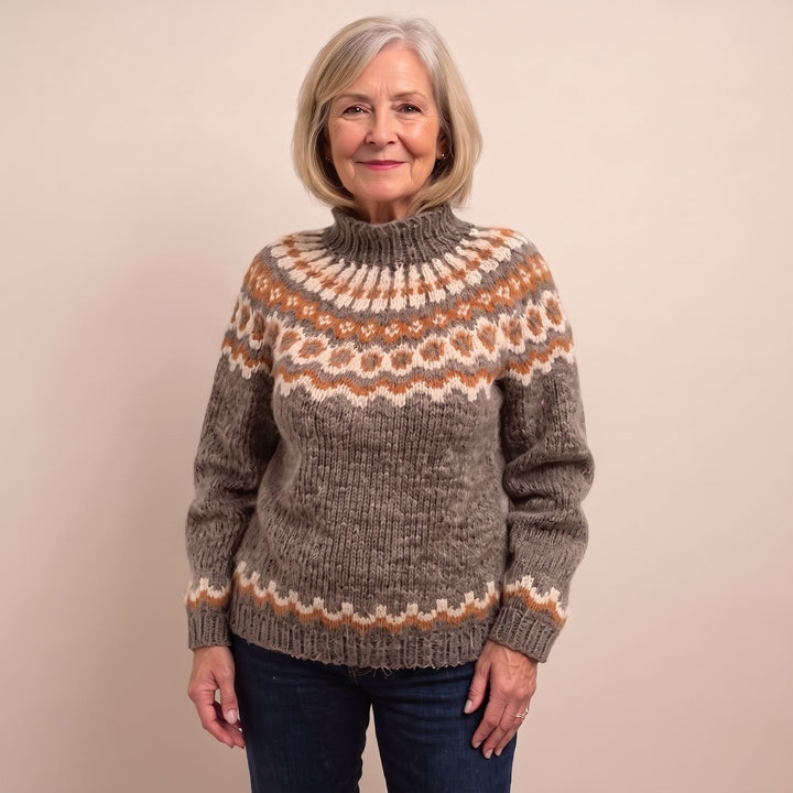 Noorse Trui Dames Grofgebreide Coltrui Fairisle Patroon - Khaki