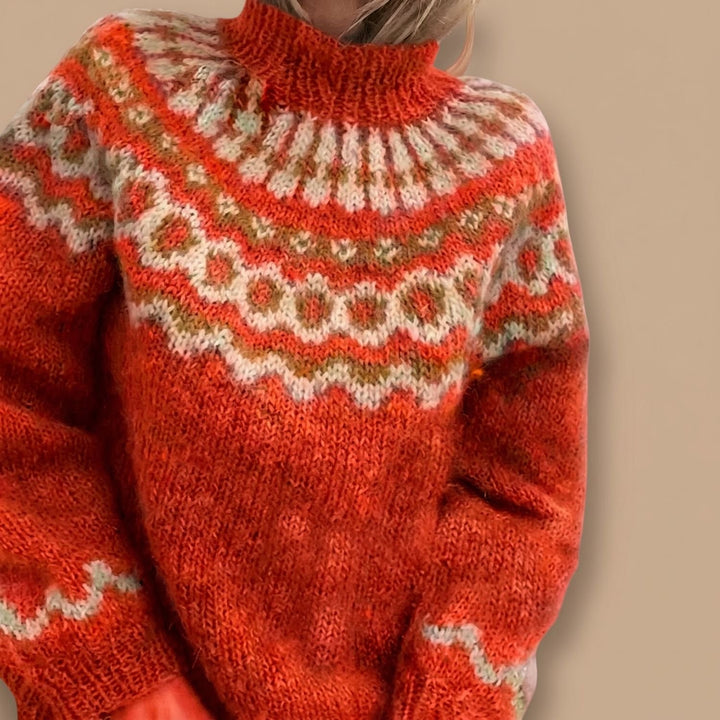 Noorse Trui Dames Grofgebreide Coltrui Fairisle Patroon - Oranje
