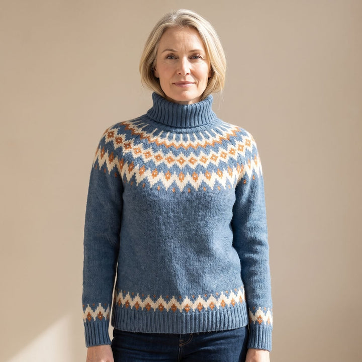 Noorse Trui Dames Grofgebreide Coltrui Fairisle Patroon - Grijs