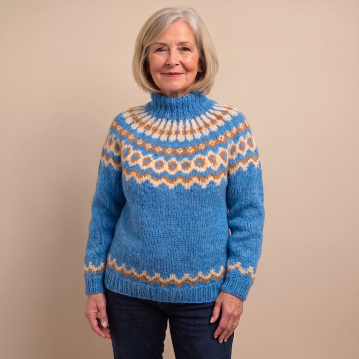 Noorse Trui Dames Grofgebreide Coltrui Fairisle Patroon - Blauw
