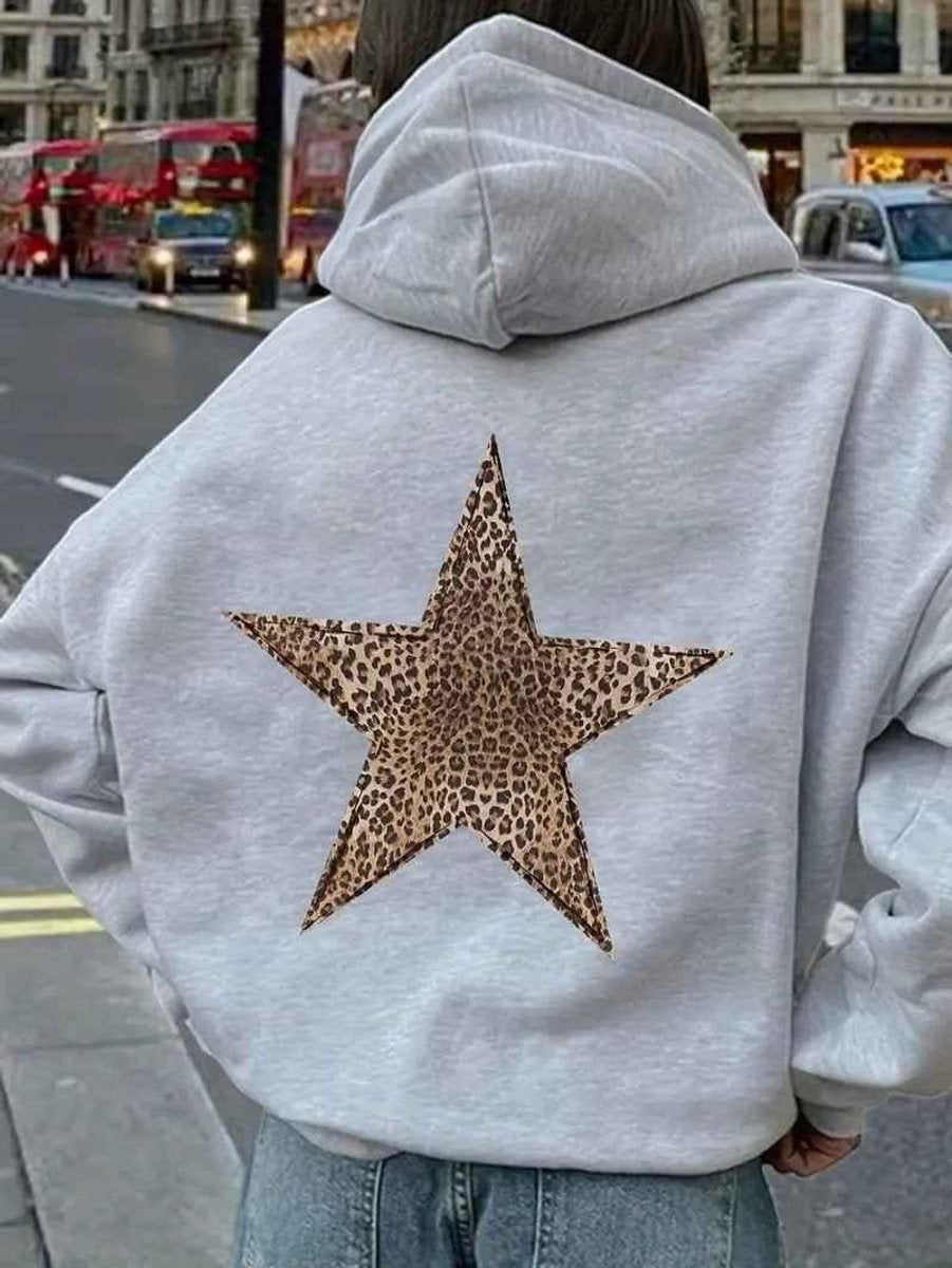 Oversized Hoodie Jas Dames Luipaardster Rugprint - Zilver