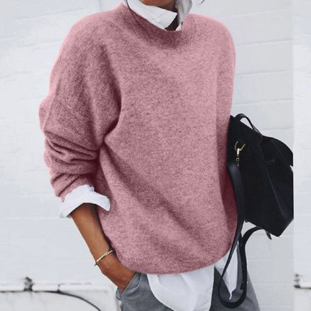Oversized Wollmix-Pullover für Damen Rundhals Strickpullover - Rosa