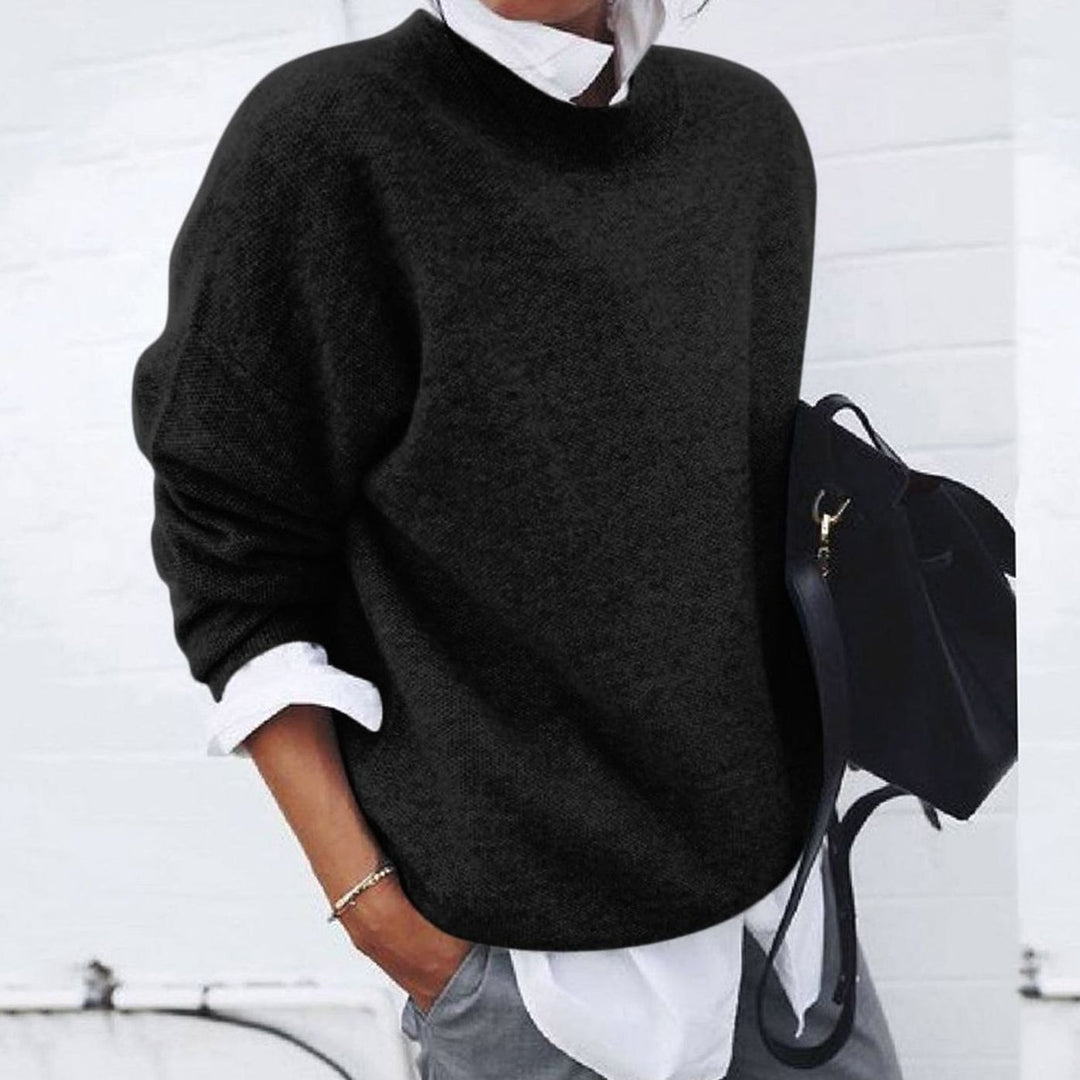 Oversized Wollmix-Pullover für Damen Rundhals Strickpullover - Schwarz