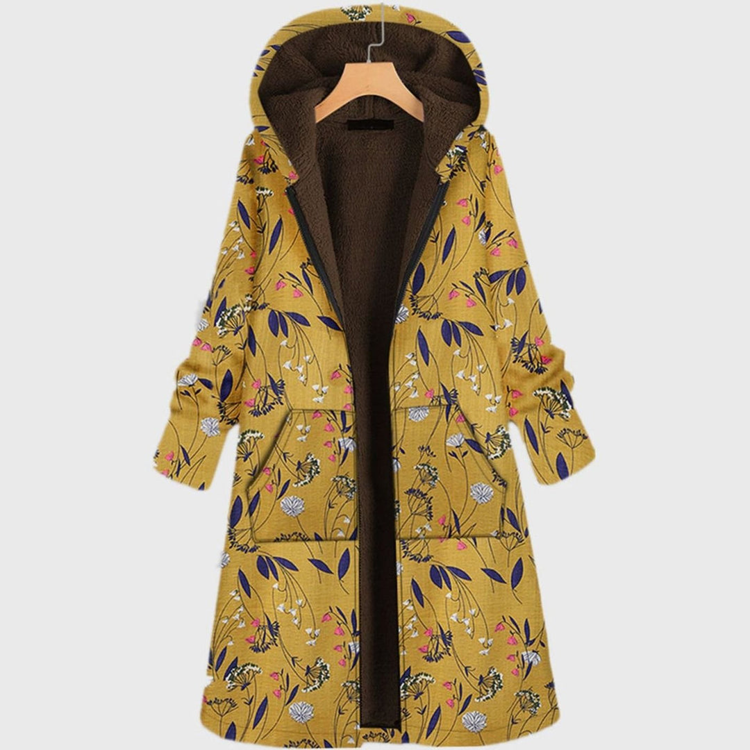 Parka Dames Lange Gebloemde Fleece Gevoerde Capuchonja - Geel