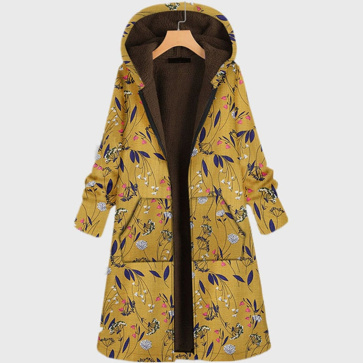Parka Dames Lange Gebloemde Fleece Gevoerde Capuchonja - Geel