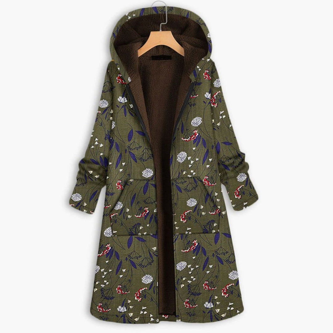 Parka Dames Lange Gebloemde Fleece Gevoerde Capuchonja - Groen