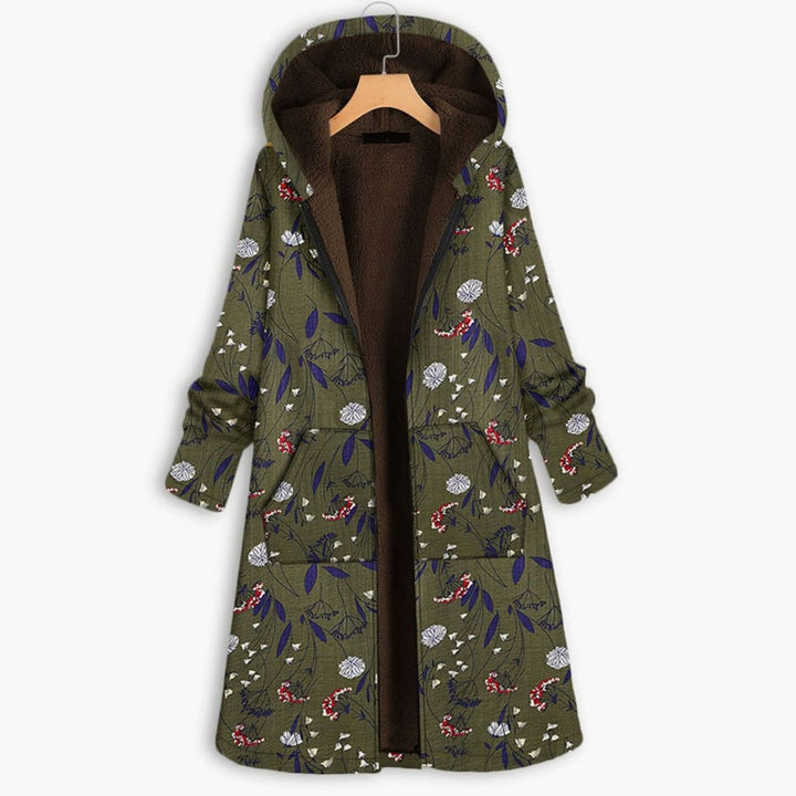Parka Dames Lange Gebloemde Fleece Gevoerde Capuchonja - Groen