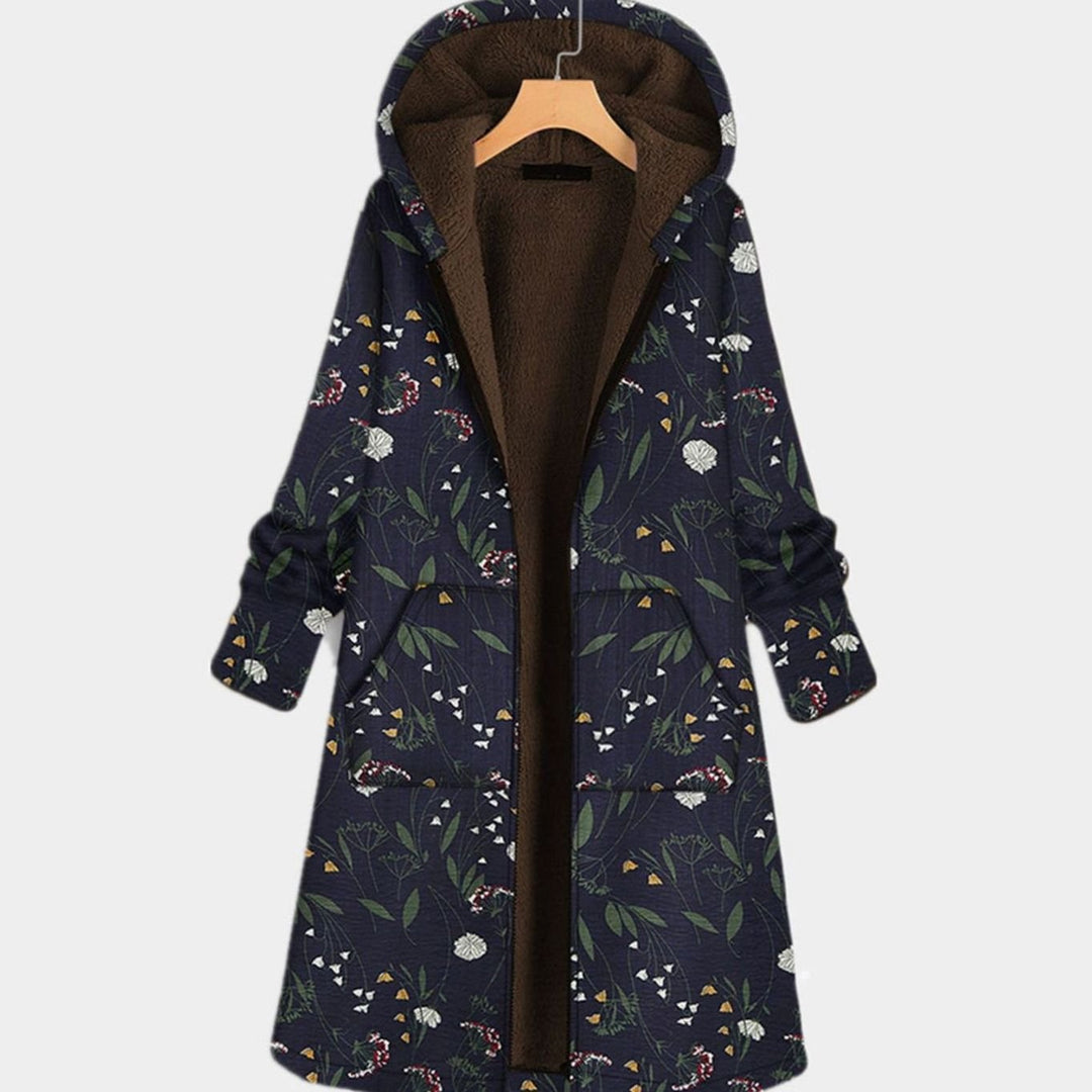 Parka Dames Lange Gebloemde Fleece Gevoerde Capuchonja - Marineblauw