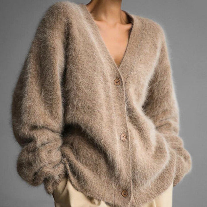 Pluizig Wollig Vest Dames V-hals Gebreid Cardigan - Bruin
