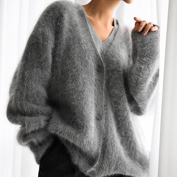 Pluizig Wollig Vest Dames V-hals Gebreid Cardigan - Donkergrijs