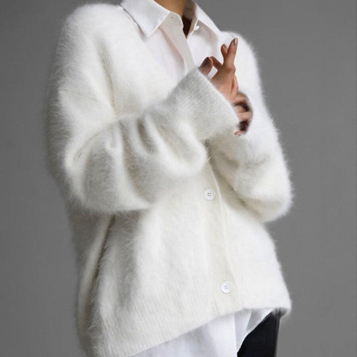 Pluizig Wollig Vest Dames V-hals Gebreid Cardigan - Wit