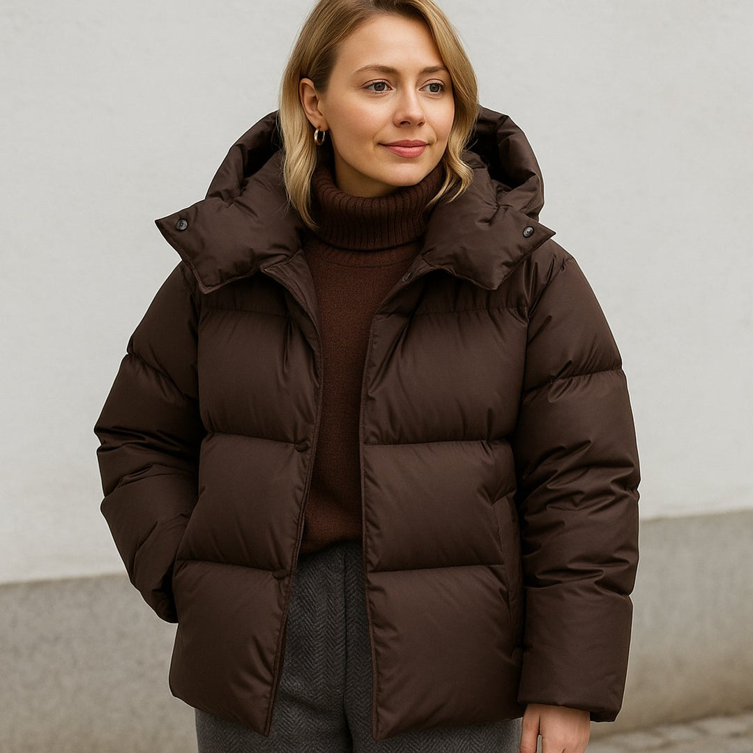 Puffer Jas Dames Boxy Fit Gewatteerde Winterjas Capuchon - Bruin