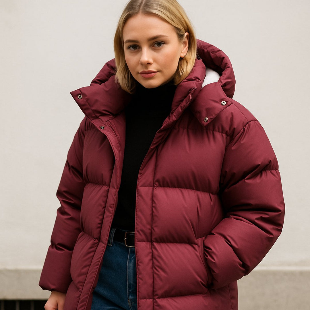 Puffer Jas Dames Boxy Fit Gewatteerde Winterjas Capuchon - Wijnrood