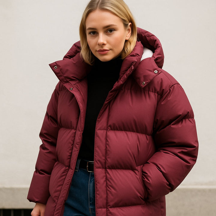 Puffer Jas Dames Boxy Fit Gewatteerde Winterjas Capuchon - Wijnrood