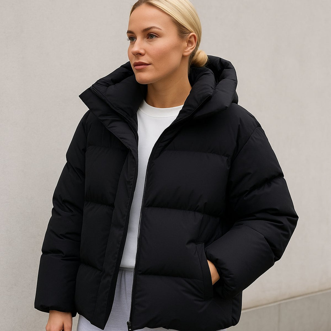 Puffer Jas Dames Boxy Fit Gewatteerde Winterjas Capuchon - Zwart