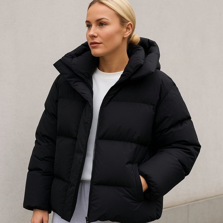 Puffer Jas Dames Boxy Fit Gewatteerde Winterjas Capuchon - Zwart