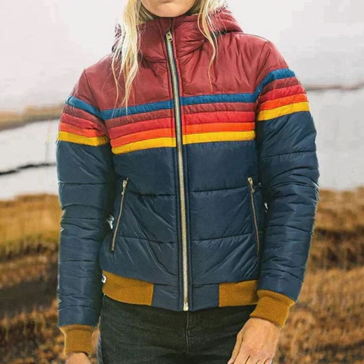 Puffer jas dames gewatteerde ritssluiting capuchon gestreept - Donkerblauw