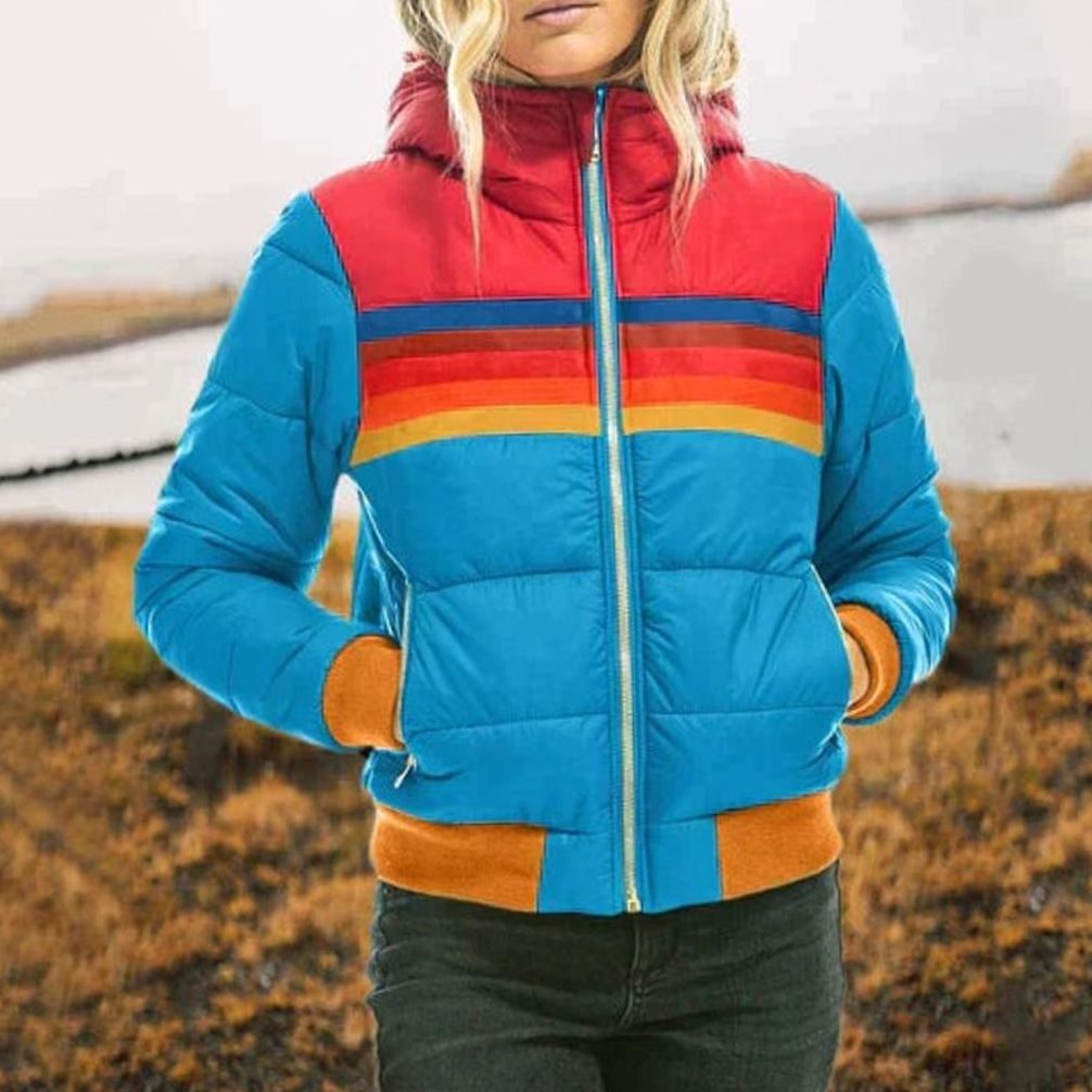 Puffer jas dames gewatteerde ritssluiting capuchon gestreept - Aquablauw