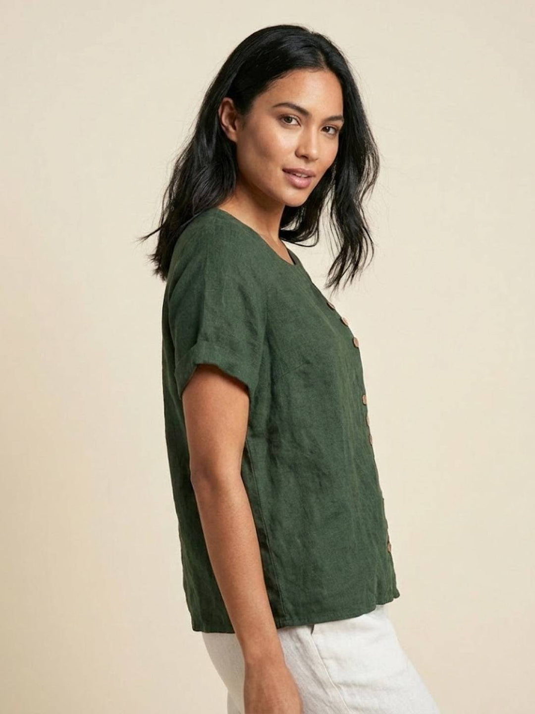 Margaret | Damen Leinen Rundhals Knopfbluse