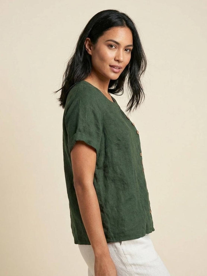Margaret | Damen Leinen Rundhals Knopfbluse