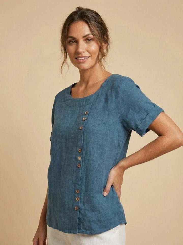 Margaret | Damen Leinen Rundhals Knopfbluse
