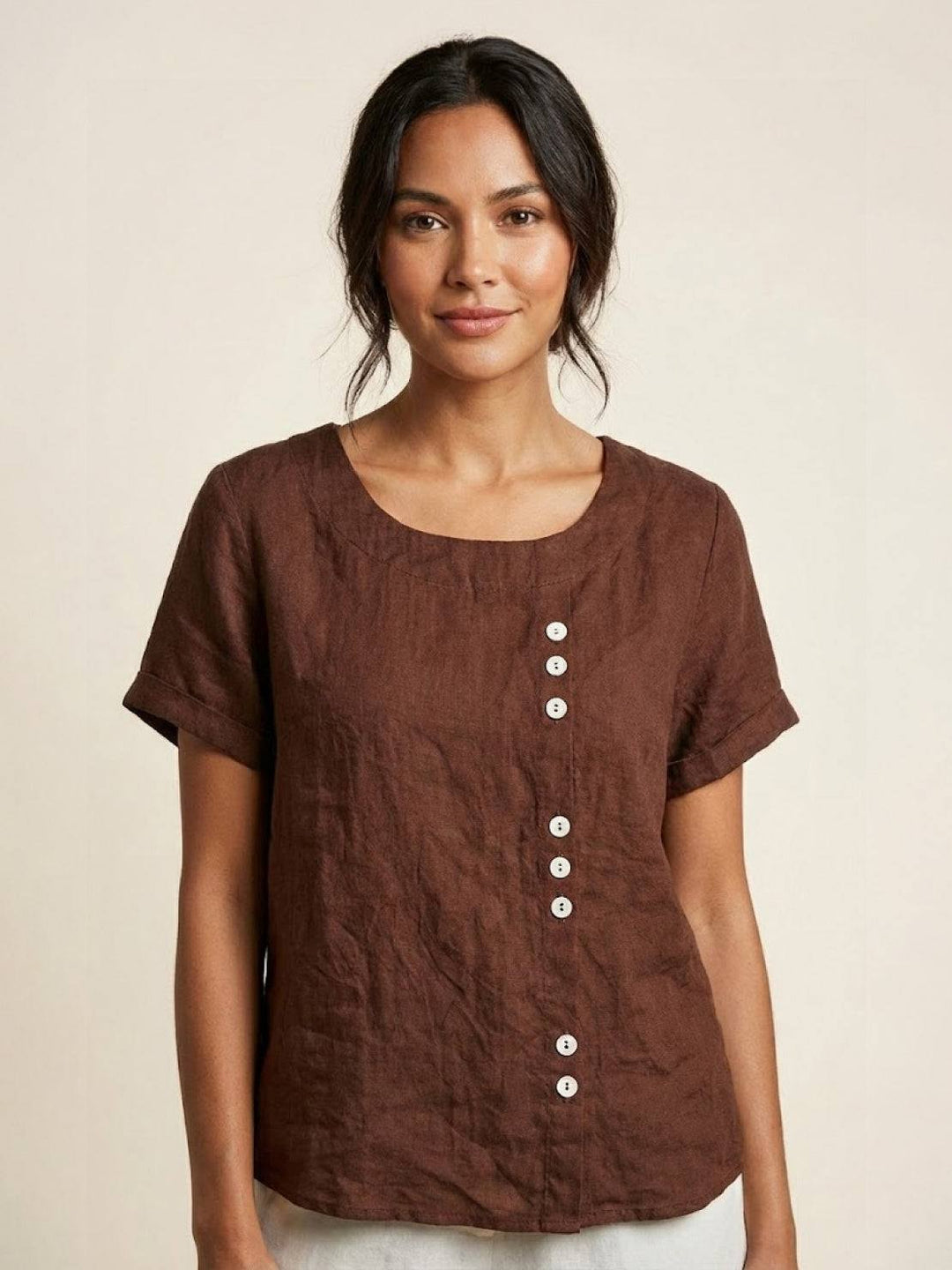 Margaret | Damen Leinen Rundhals Knopfbluse