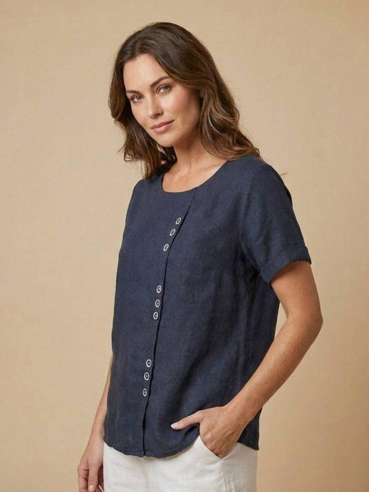 Margaret | Damen Leinen Rundhals Knopfbluse