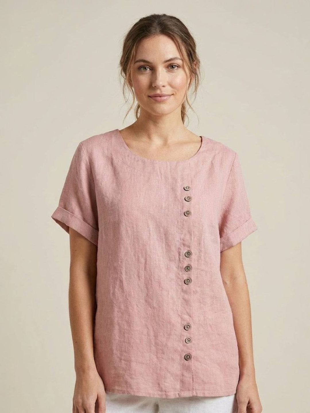 Margaret | Damen Leinen Rundhals Knopfbluse