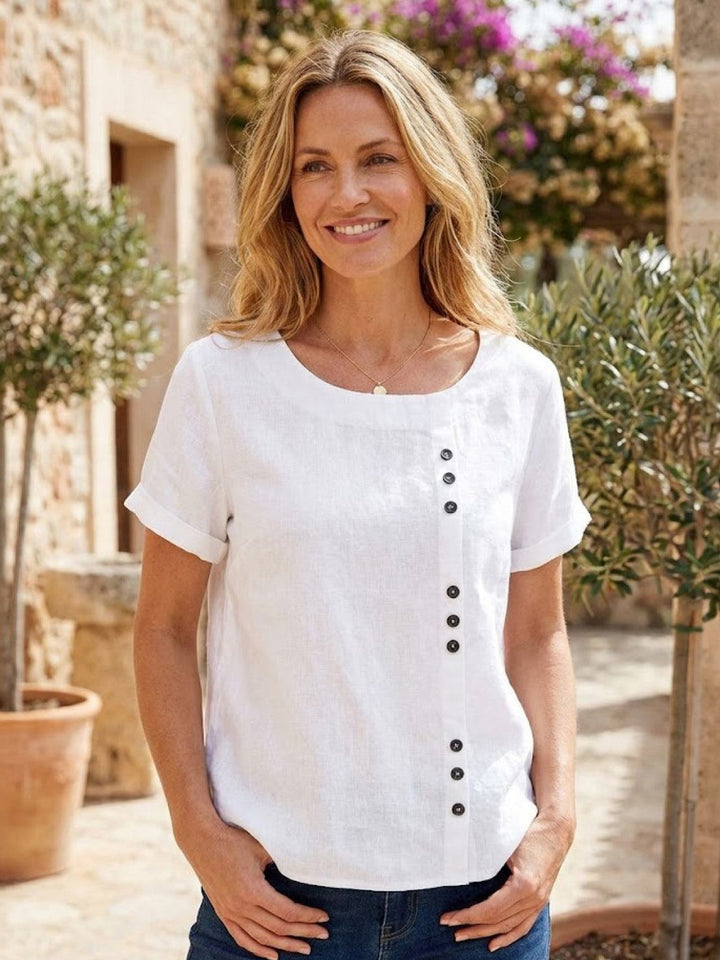 Margaret | Damen Leinen Rundhals Knopfbluse