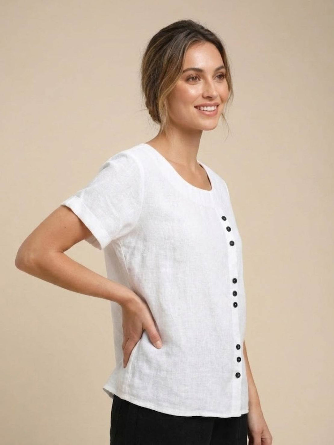 Margaret | Damen Leinen Rundhals Knopfbluse