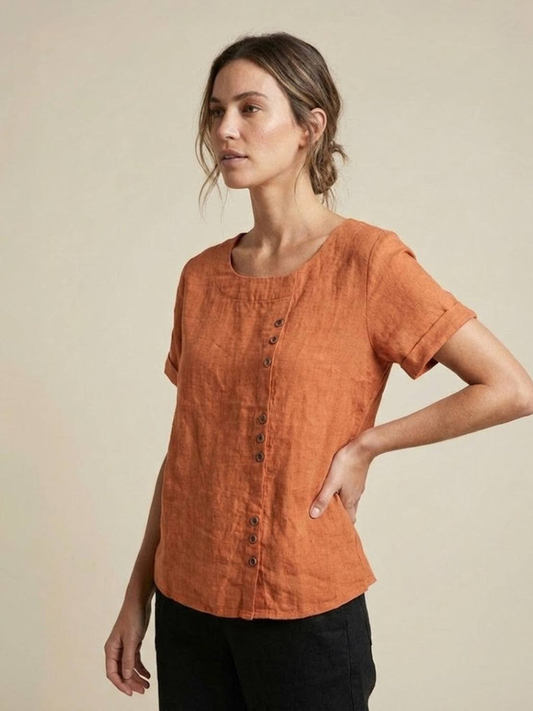 Margaret | Damen Leinen Rundhals Knopfbluse