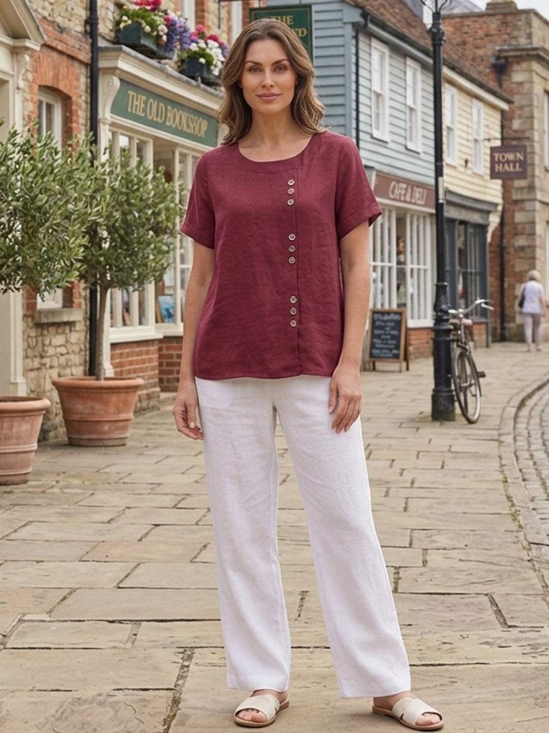 Margaret | Damen Leinen Rundhals Knopfbluse