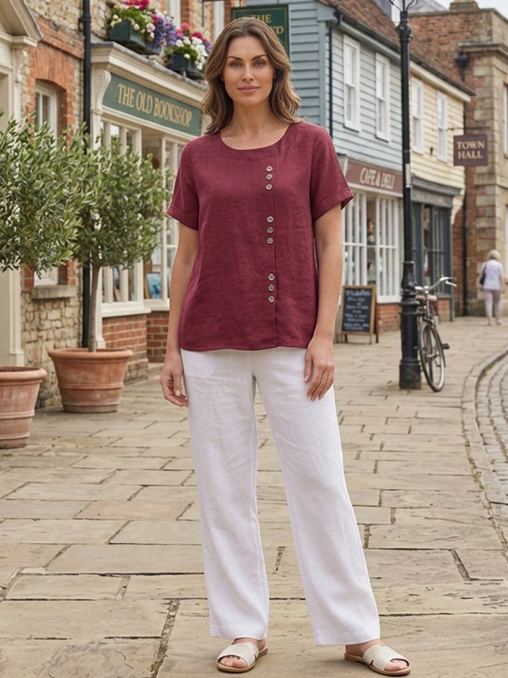Margaret | Damen Leinen Rundhals Knopfbluse