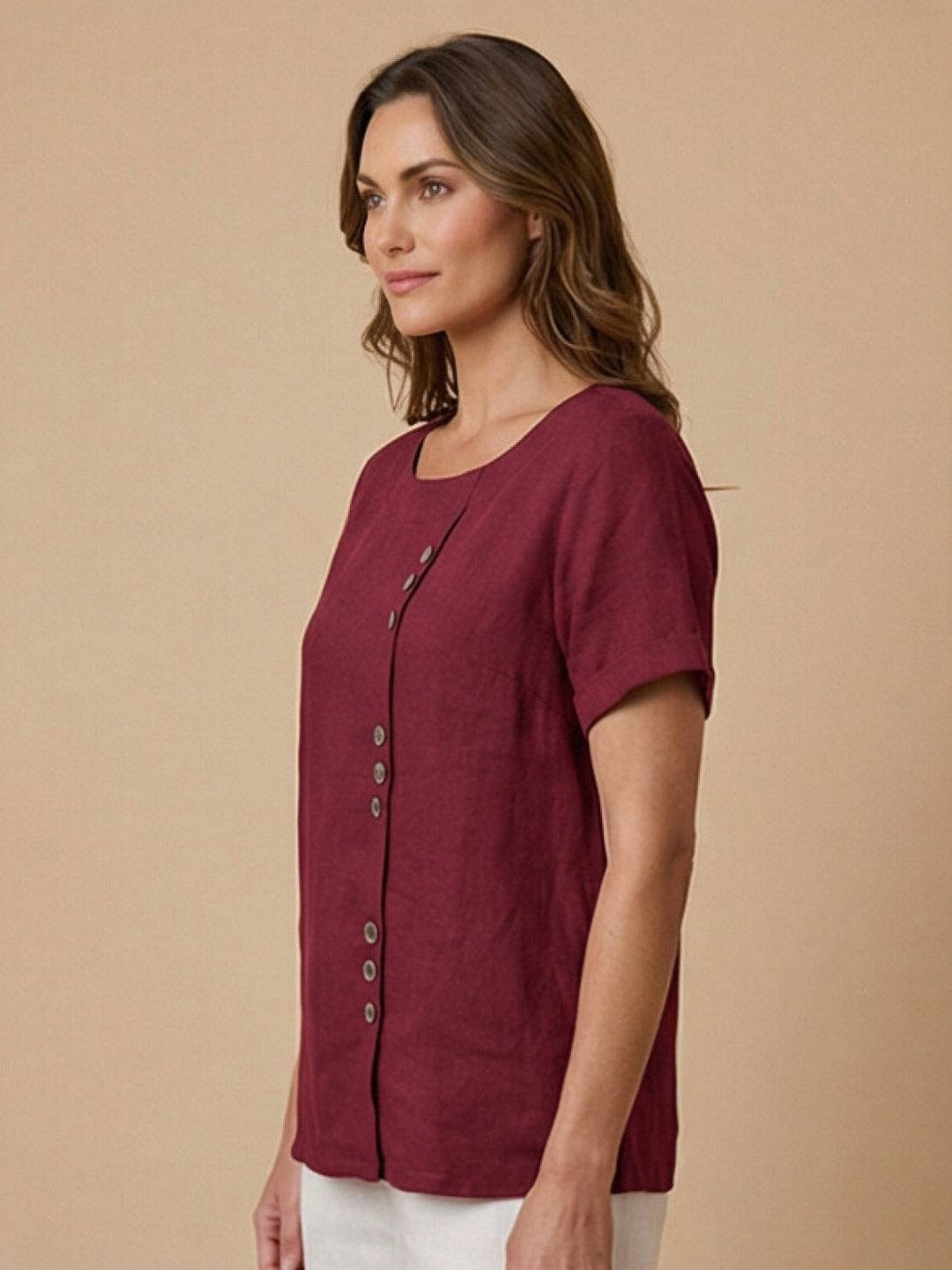 Margaret | Damen Leinen Rundhals Knopfbluse