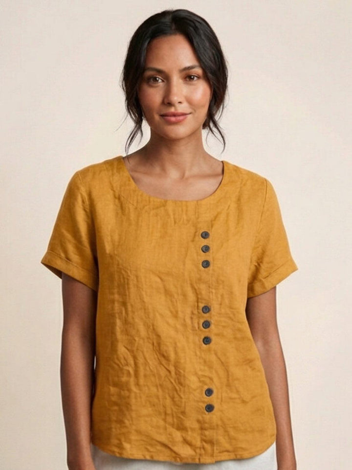 Margaret | Damen Leinen Rundhals Knopfbluse